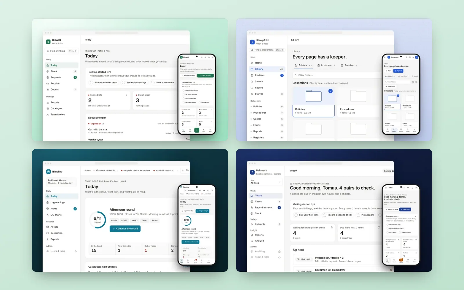 The four Lab & Clinic app kits: inventory, documents, monitoring and case desk screens.
