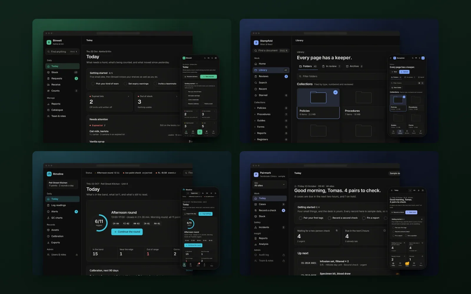 The four Lab & Clinic app kits: inventory, documents, monitoring and case desk screens.