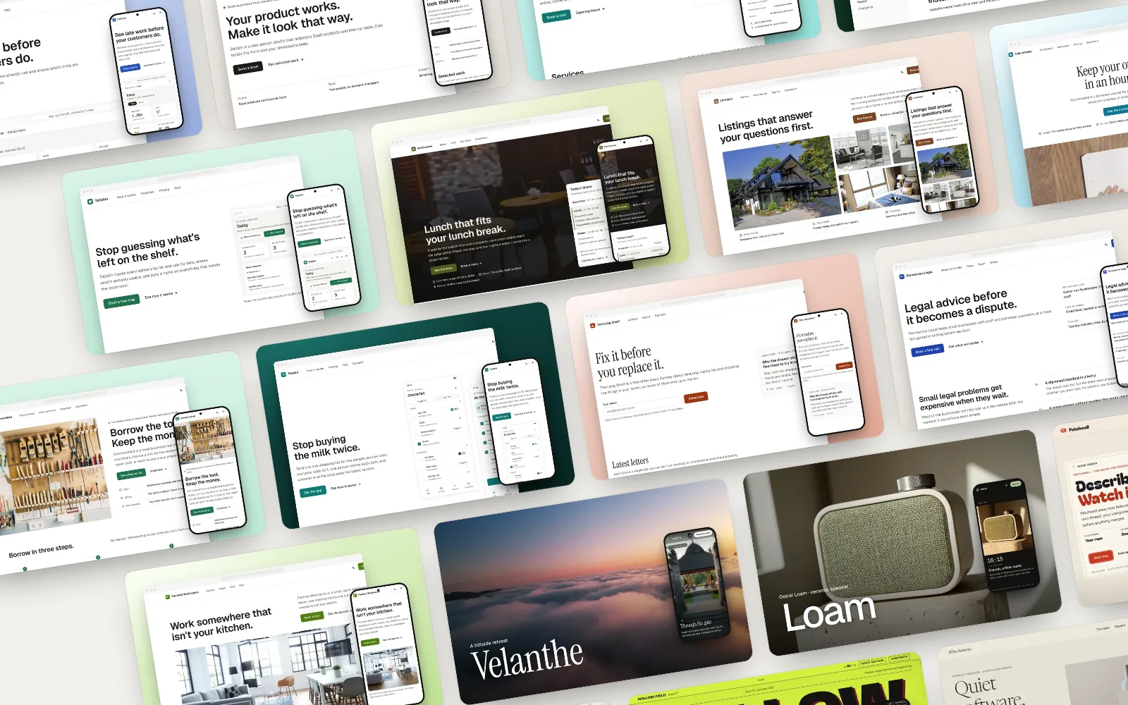A wall of Inazda website templates shown on desktop and phone screens.