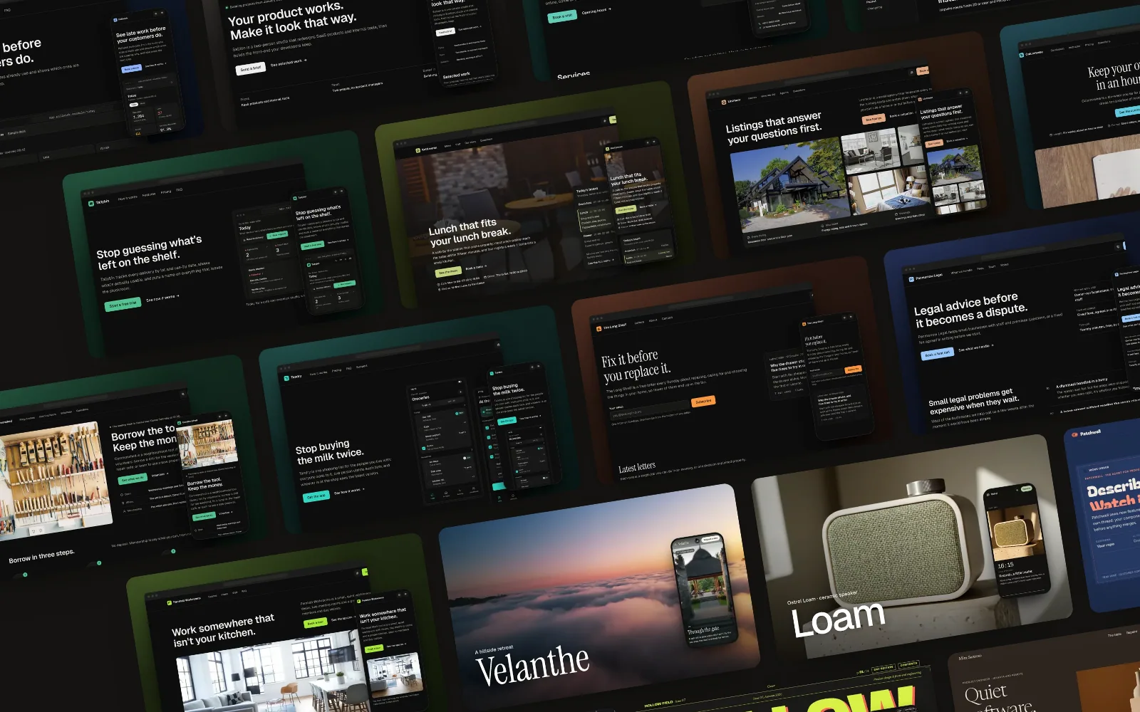 A wall of Inazda website templates shown on desktop and phone screens.