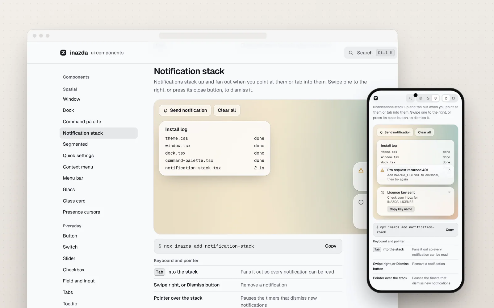 The Inazda UI documentation open on a notification stack component, with the same page on a phone.