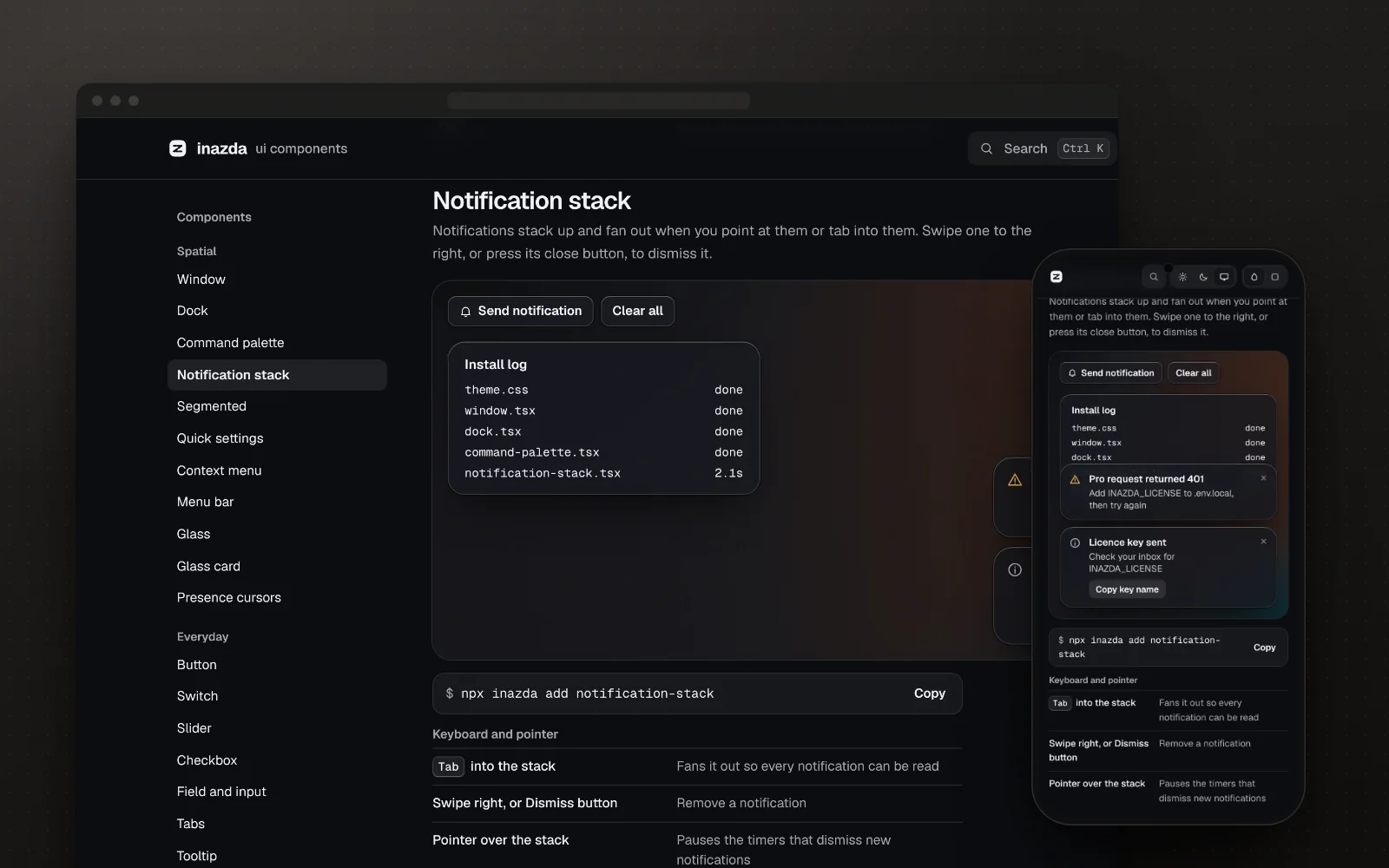 The Inazda UI documentation open on a notification stack component, with the same page on a phone.
