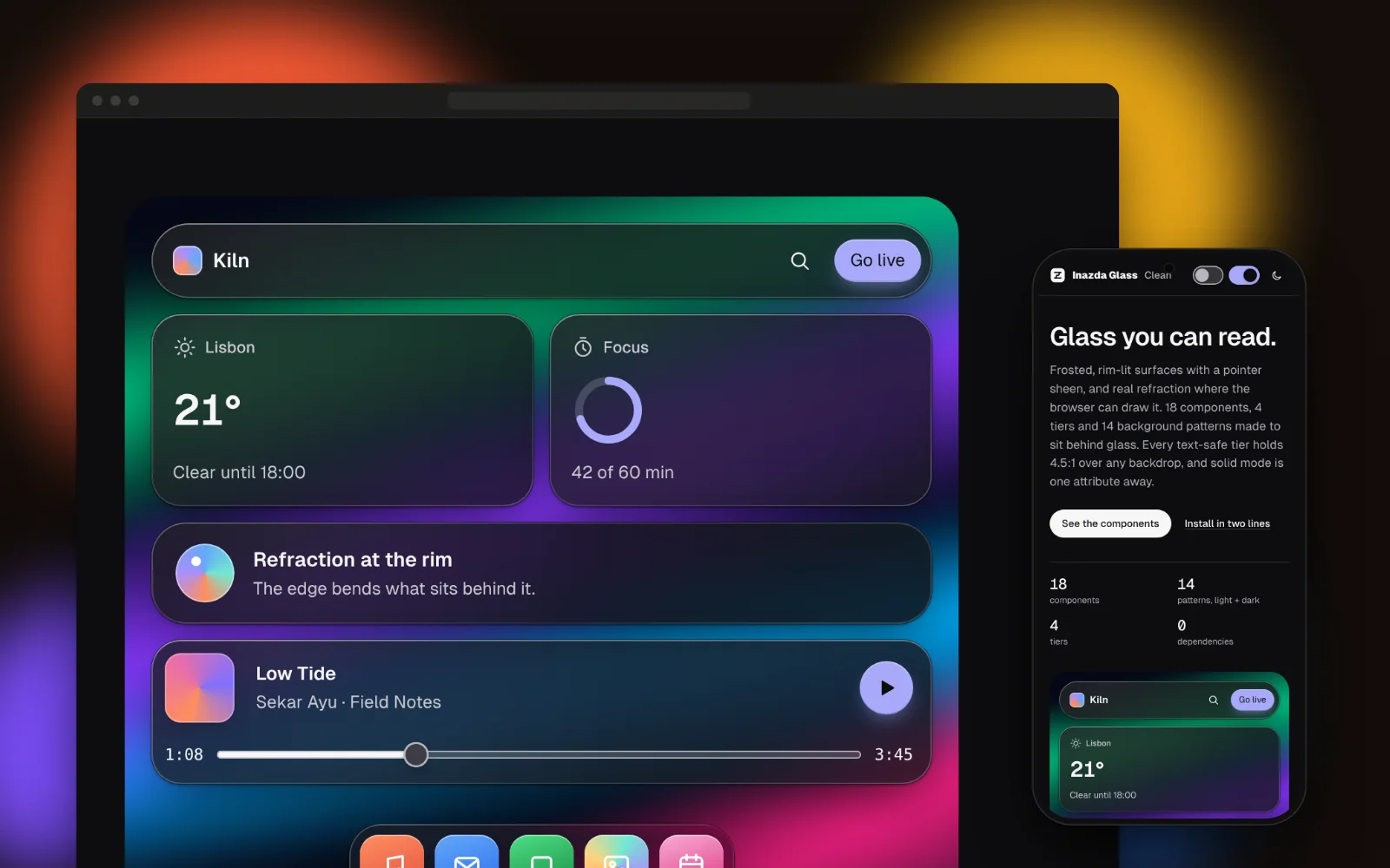 Inazda Glass widgets: weather, focus timer and a music player over a soft wallpaper.