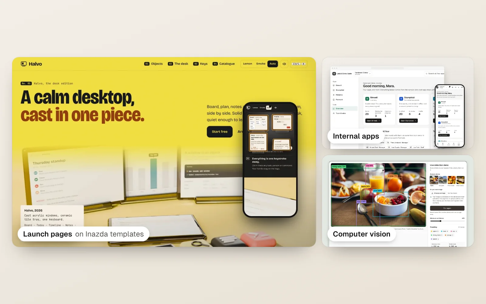 Three kinds of Studio work: a launch page, an internal app for a clinic, and an object detection result.