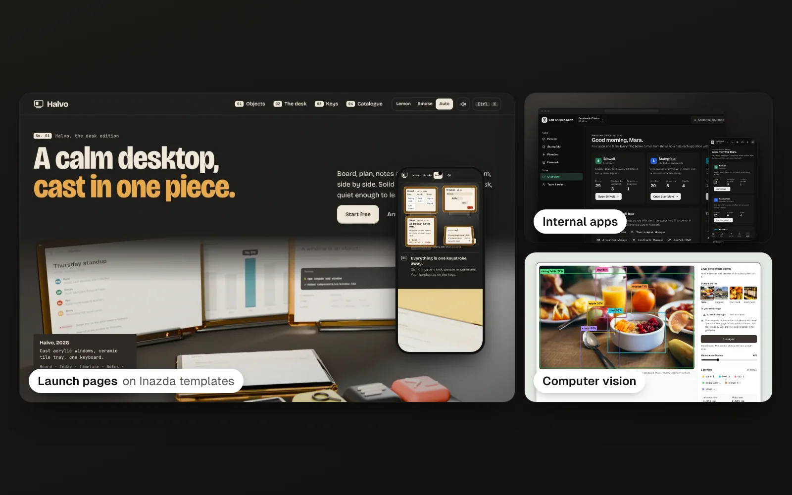 Three kinds of Studio work: a launch page, an internal app for a clinic, and an object detection result.