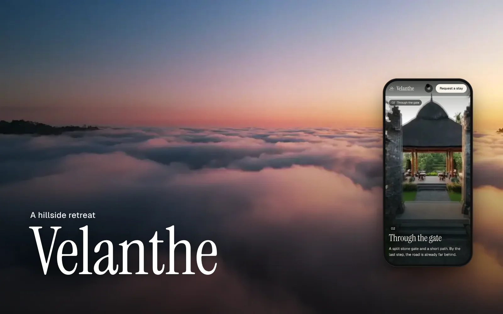 Velanthe: a hillside retreat above the clouds, with the same site on a phone.