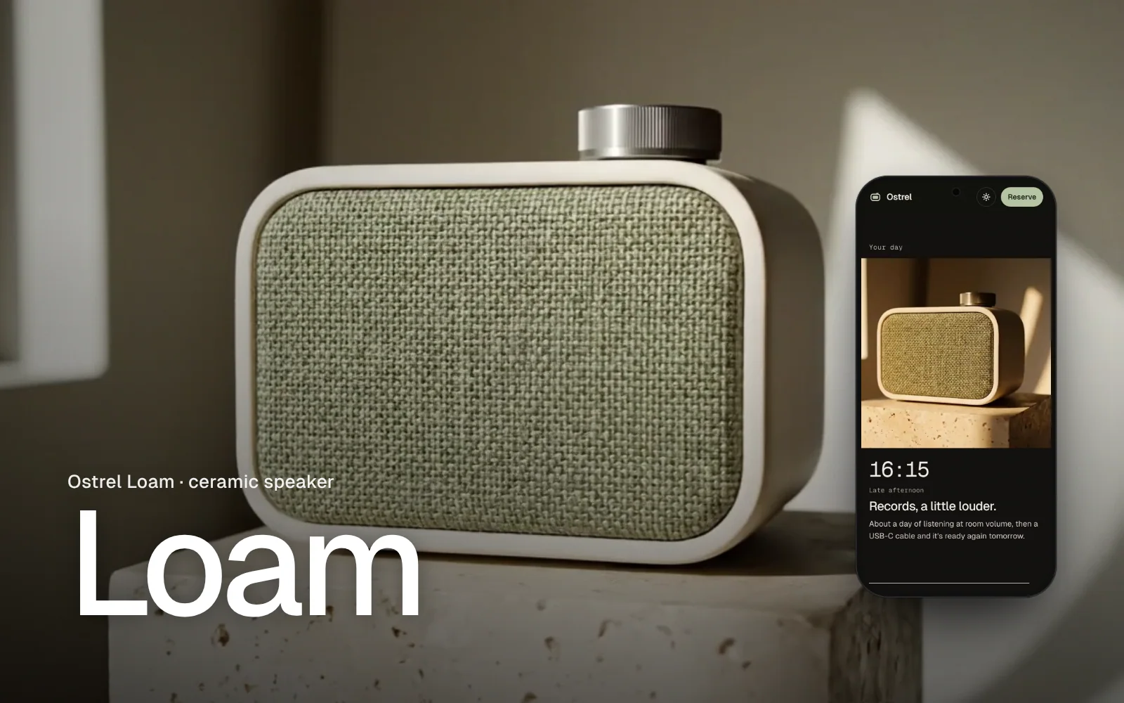 Ostrel Loam: a ceramic speaker on a stone plinth, with the same site on a phone.