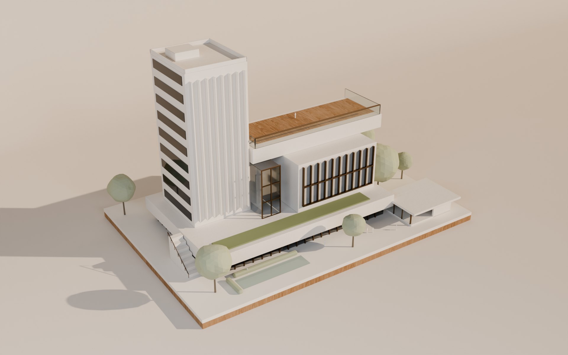 A white plaster massing model on an oak site board in morning sun: a ribbed eleven-storey tower, a long podium with a timber roof terrace, a small glass pavilion and foam trees, casting long shadows to the left.