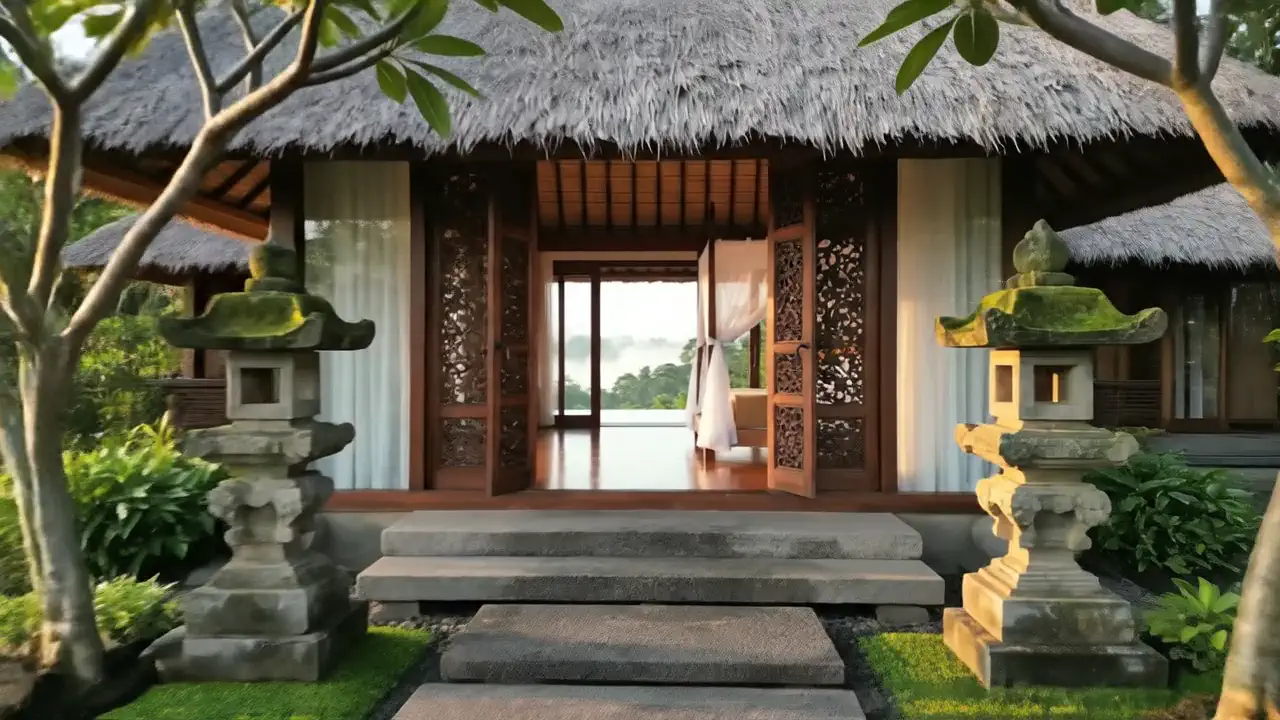 Stone steps between moss-covered stone lanterns, leading to a thatched villa with carved doors.