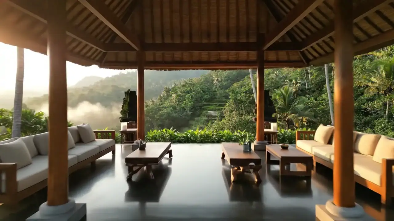 An open pavilion with low sofas and a dark polished floor, the misty valley beyond the columns.