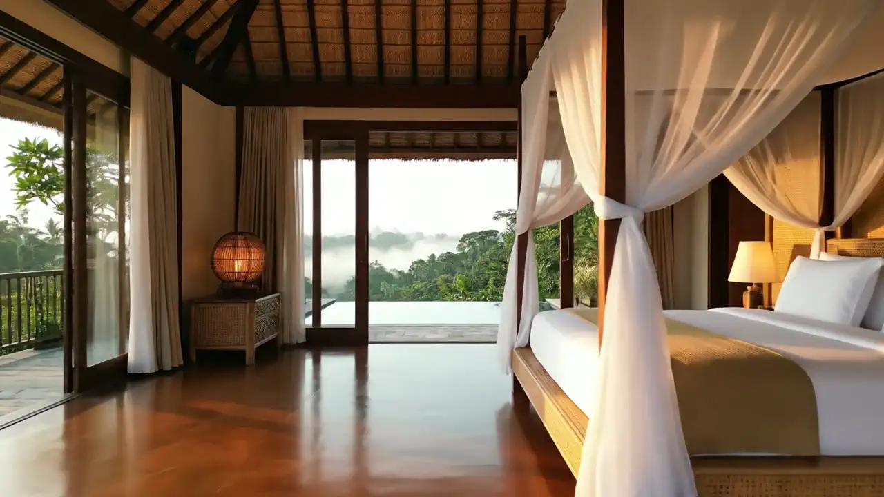A canopy bed with white netting in a timber room, glass doors open to a terrace and the valley in mist.