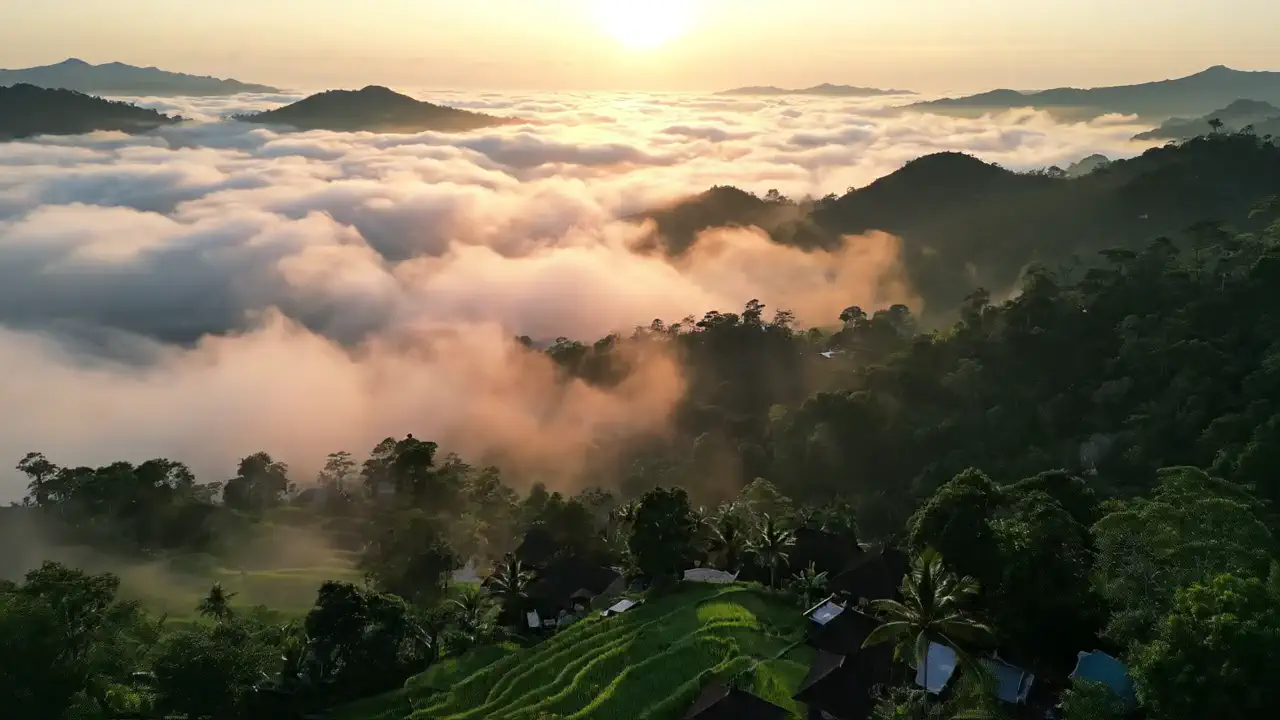 Sunrise over a valley filled with cloud, forested ridges breaking through.