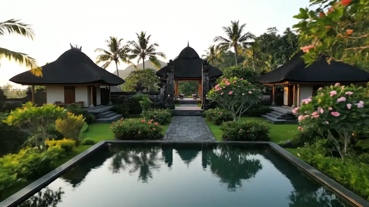 Two thatched villas either side of a long reflecting pool, with frangipani and a stone gate between them.