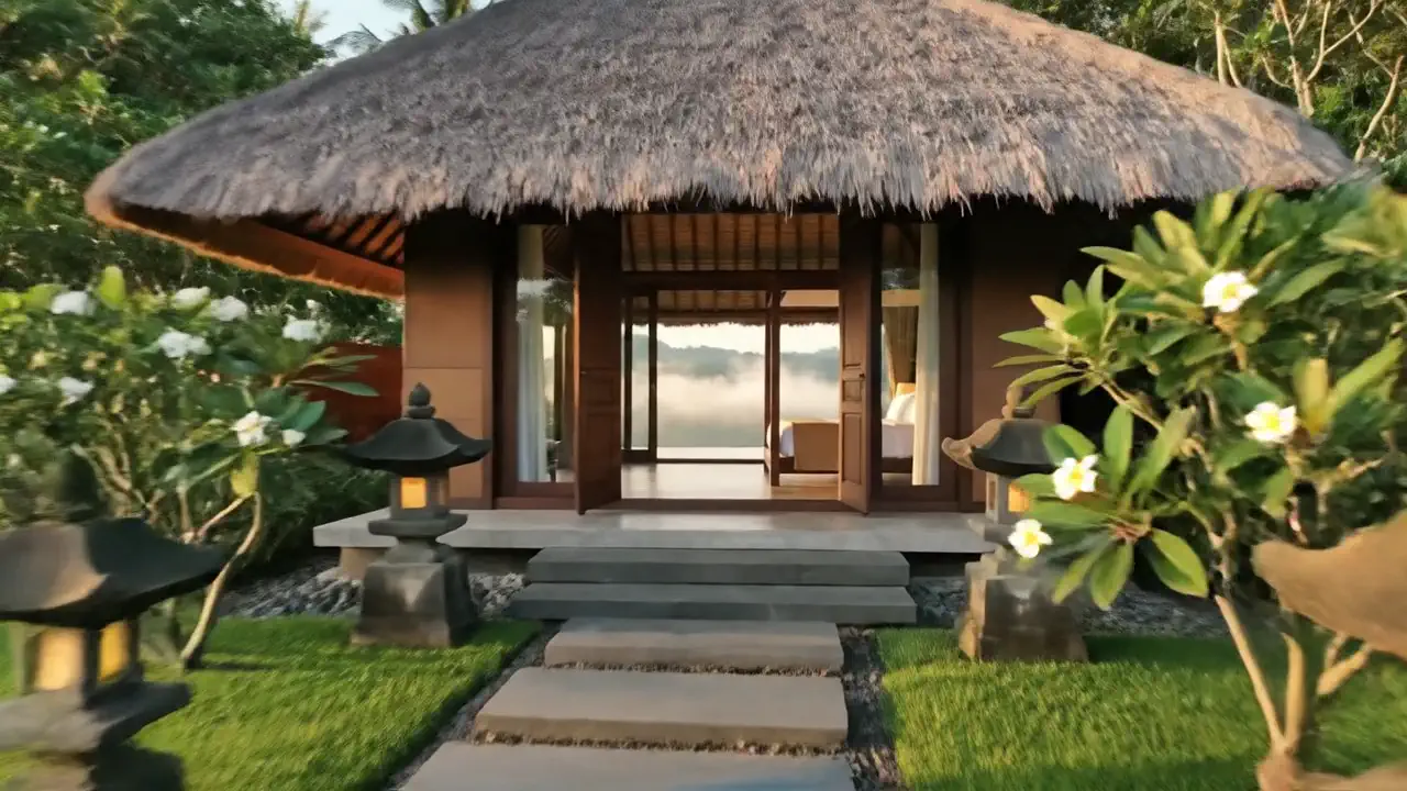 A thatched villa at the top of a stepping-stone path lined with stone lanterns and frangipani.