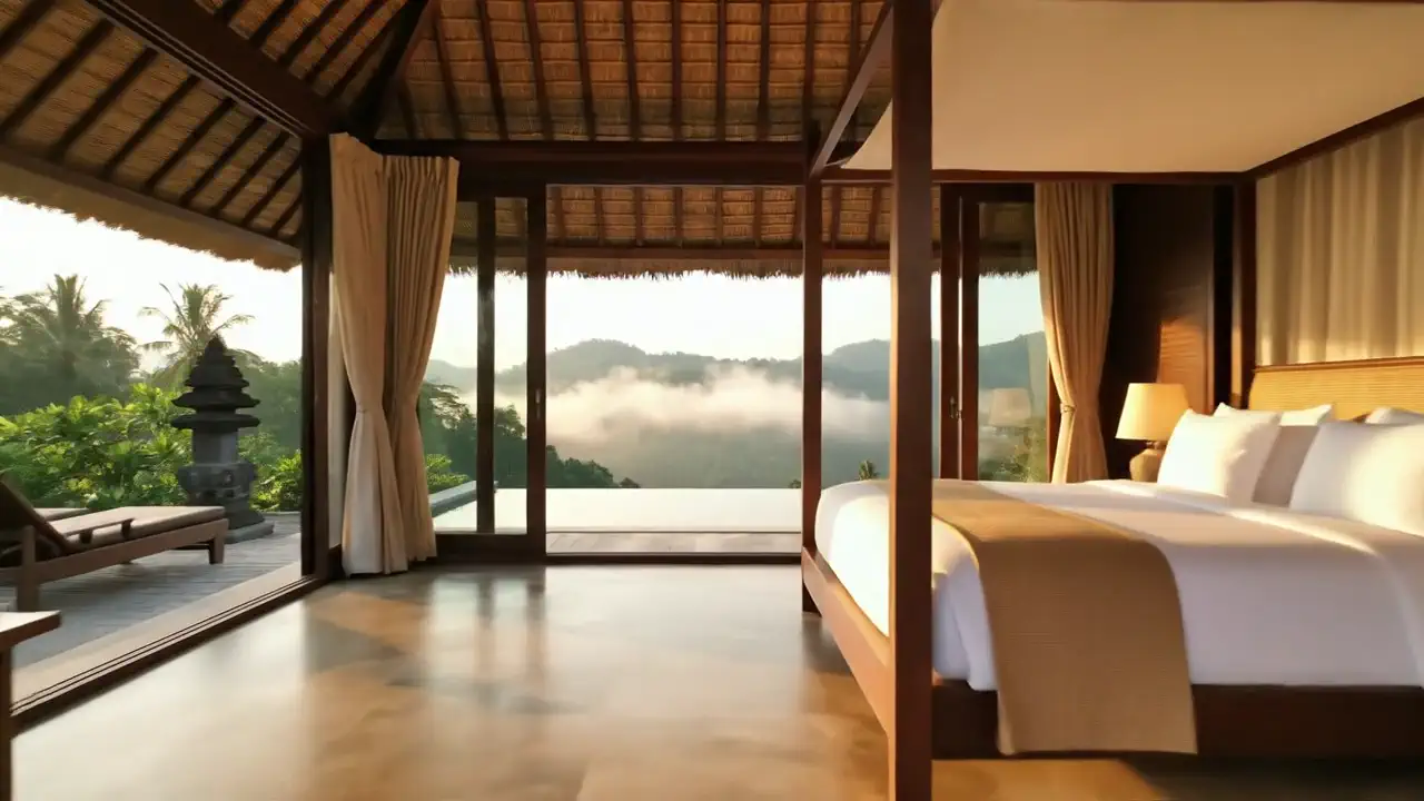 A bedroom with timber posts and linen curtains, glass on three sides and a pool edge that meets the misty valley.