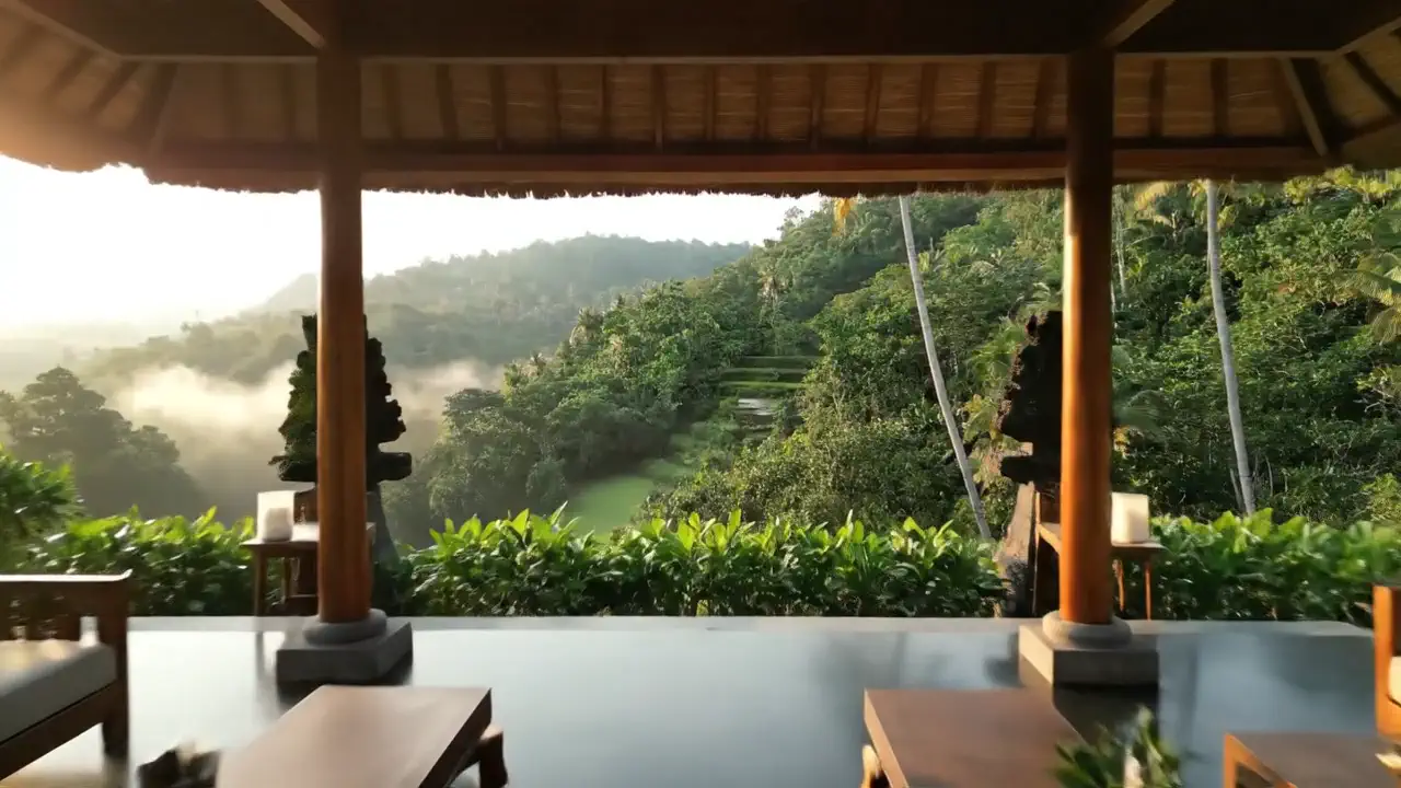 Low timber tables in the open pavilion, a stone figure and the valley beyond.