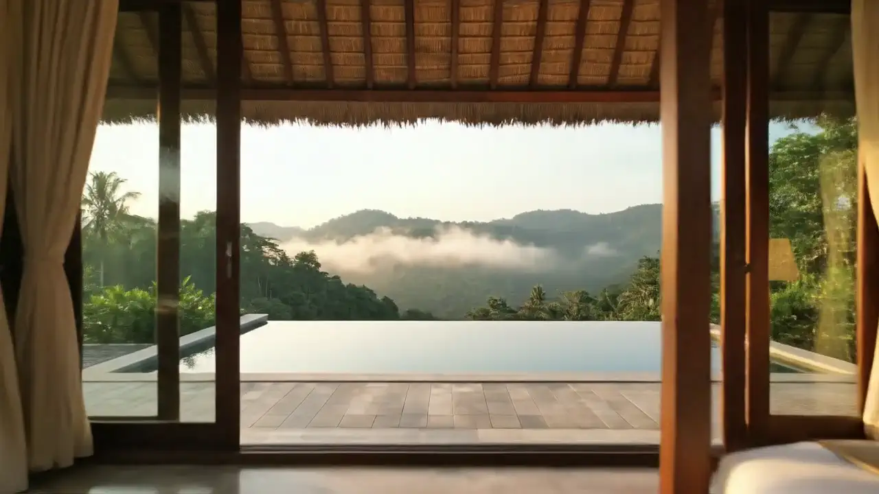A view through open glass doors to a pool edge and hills under low cloud.