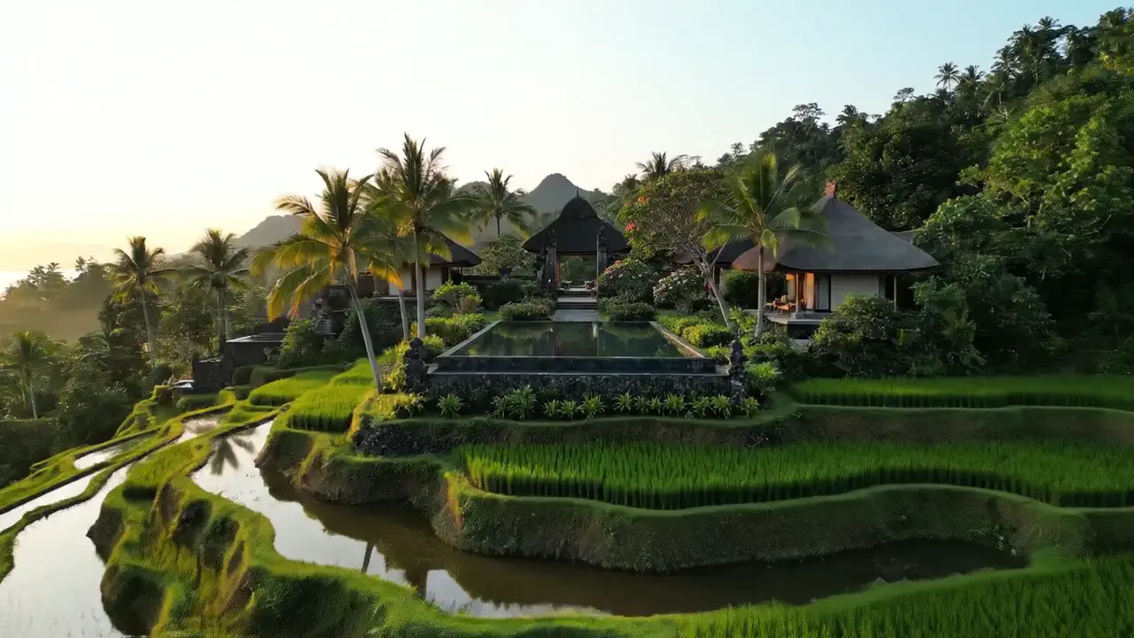 Rice terraces stepping down a hillside to a pool and thatched roofs, palms behind.