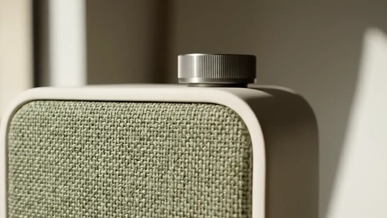 Closer in: the sage fabric front and its soft rounded ceramic frame.