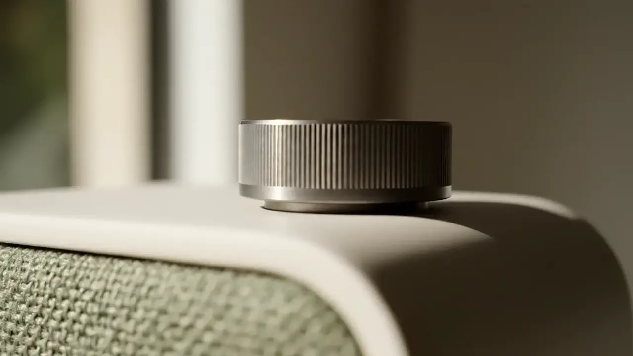Macro of the knurled aluminium dial on top of the speaker, the weave below it.