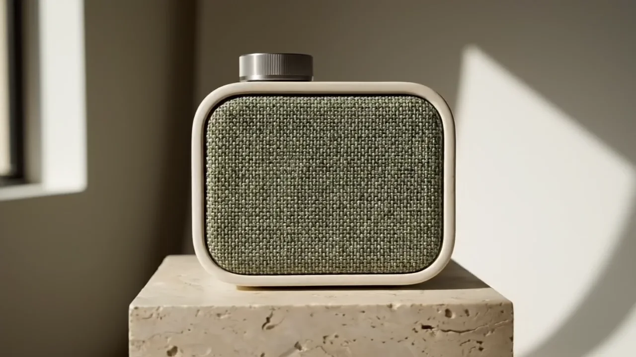 Loam seen straight on: the sage woven front framed by the ceramic body, the dial on top.