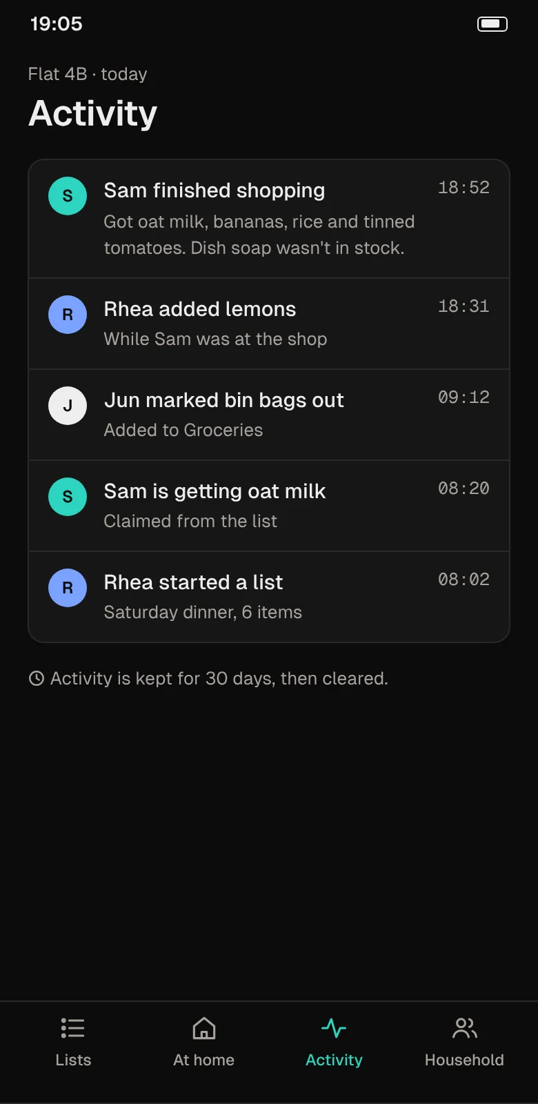 Activity: Sam finished shopping, Rhea added lemons while Sam was at the shop, and Jun marked bin bags out. Dark theme.