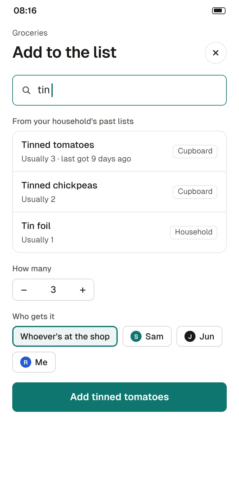 Add to the list: typing "tin" suggests tinned tomatoes, chickpeas and tin foil from past lists, with a quantity of 3 and who should get it.