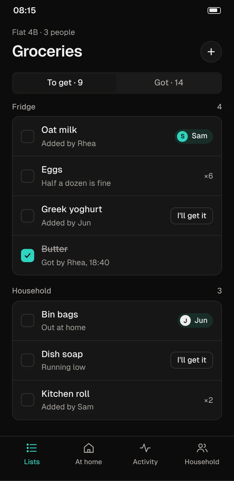 Tandry's Groceries list for a flat of three: nine items to get, grouped into Fridge and Household, with Sam claiming oat milk and Jun claiming bin bags. Dark theme.