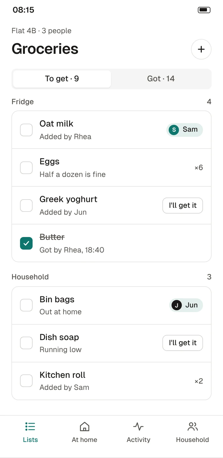 Tandry's Groceries list for a flat of three: nine items to get, grouped into Fridge and Household, with Sam claiming oat milk and Jun claiming bin bags.