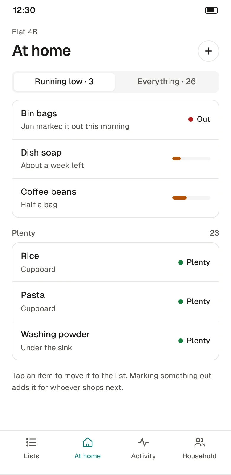 At home: bin bags are out, dish soap and coffee beans are running low, and rice, pasta and washing powder are plentiful.