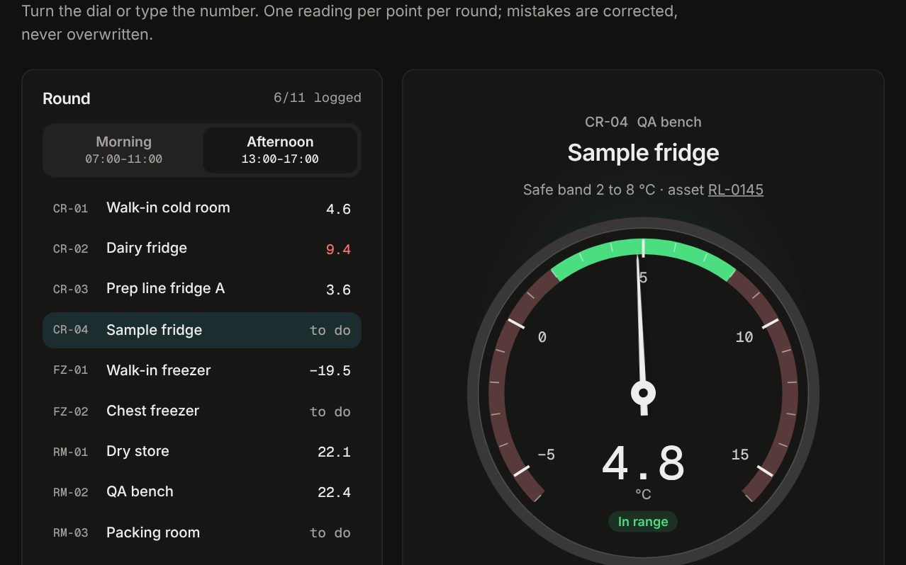 Log readings screen: the afternoon round list beside a dial showing 4.8 °C for the sample fridge, in range. Dark theme.
