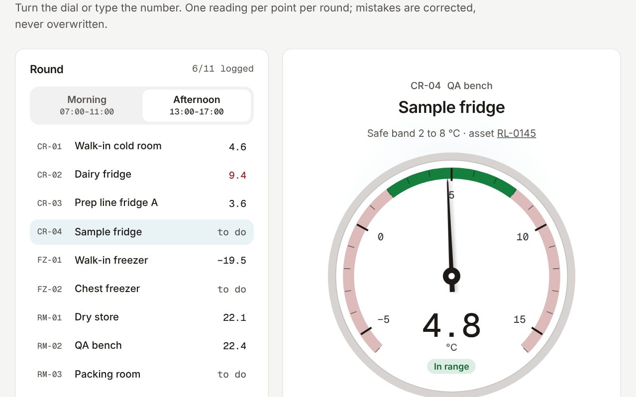 Log readings screen: the afternoon round list beside a dial showing 4.8 °C for the sample fridge, in range.