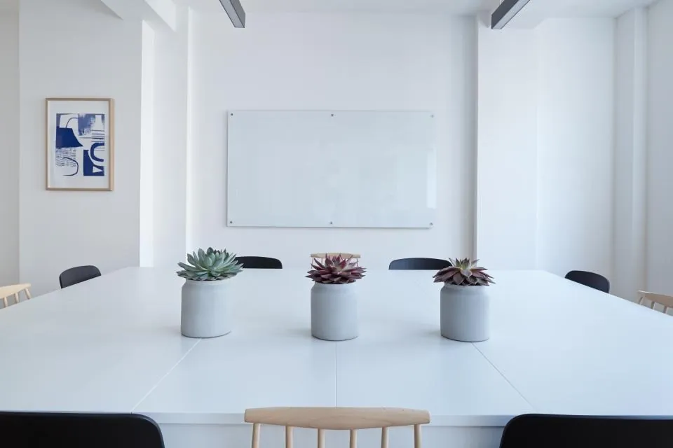 A white meeting table with grey and black chairs and three small potted plants.