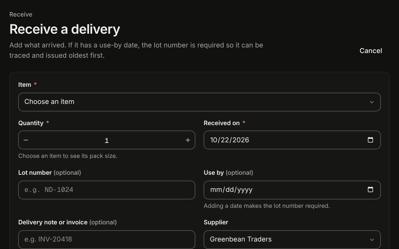 Receive a delivery form: item, quantity, date received, lot number, use-by date, delivery note and supplier. Dark theme.