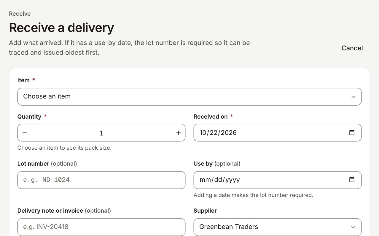 Receive a delivery form: item, quantity, date received, lot number, use-by date, delivery note and supplier.