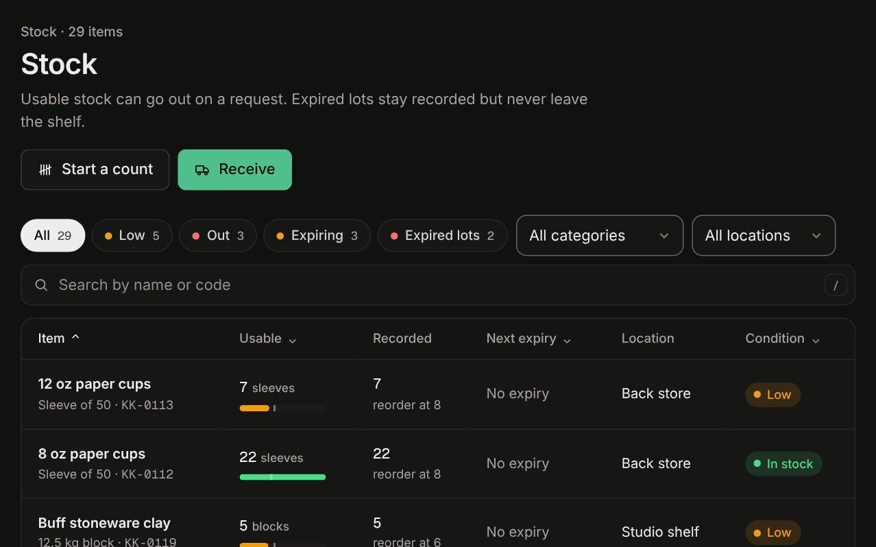 Stock list: each item with usable quantity, recorded quantity, next expiry, location and a Low, Out or In stock chip. Dark theme.