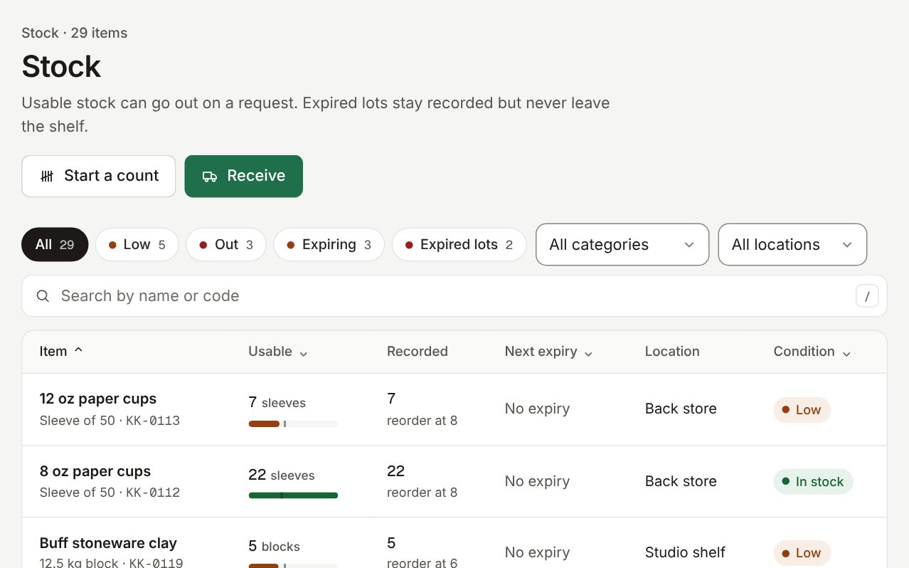 Stock list: each item with usable quantity, recorded quantity, next expiry, location and a Low, Out or In stock chip.