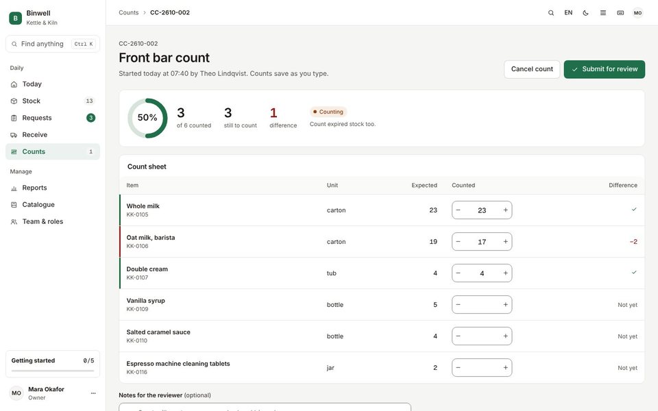 A count in progress: each shelf lists items with the expected and counted amounts.