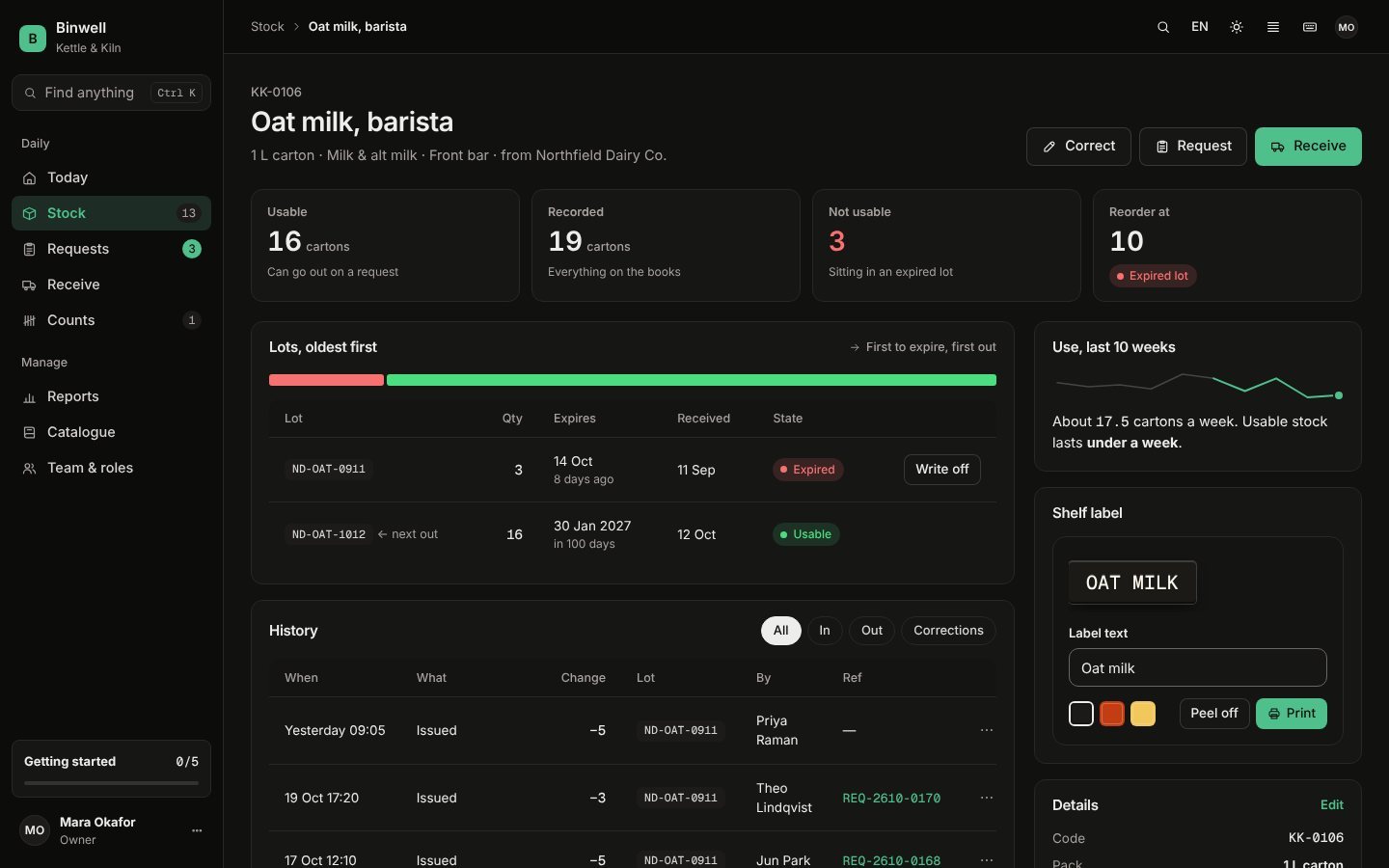 Binwell item page in the dark theme: stock for oat milk with lots, history and a shelf label.