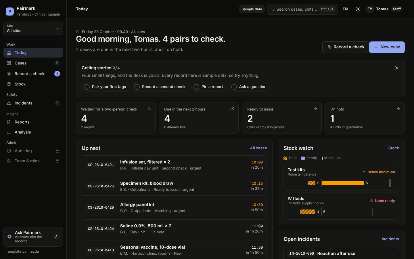 Pairmark today view in the dark theme: cases due soon and stock to watch.