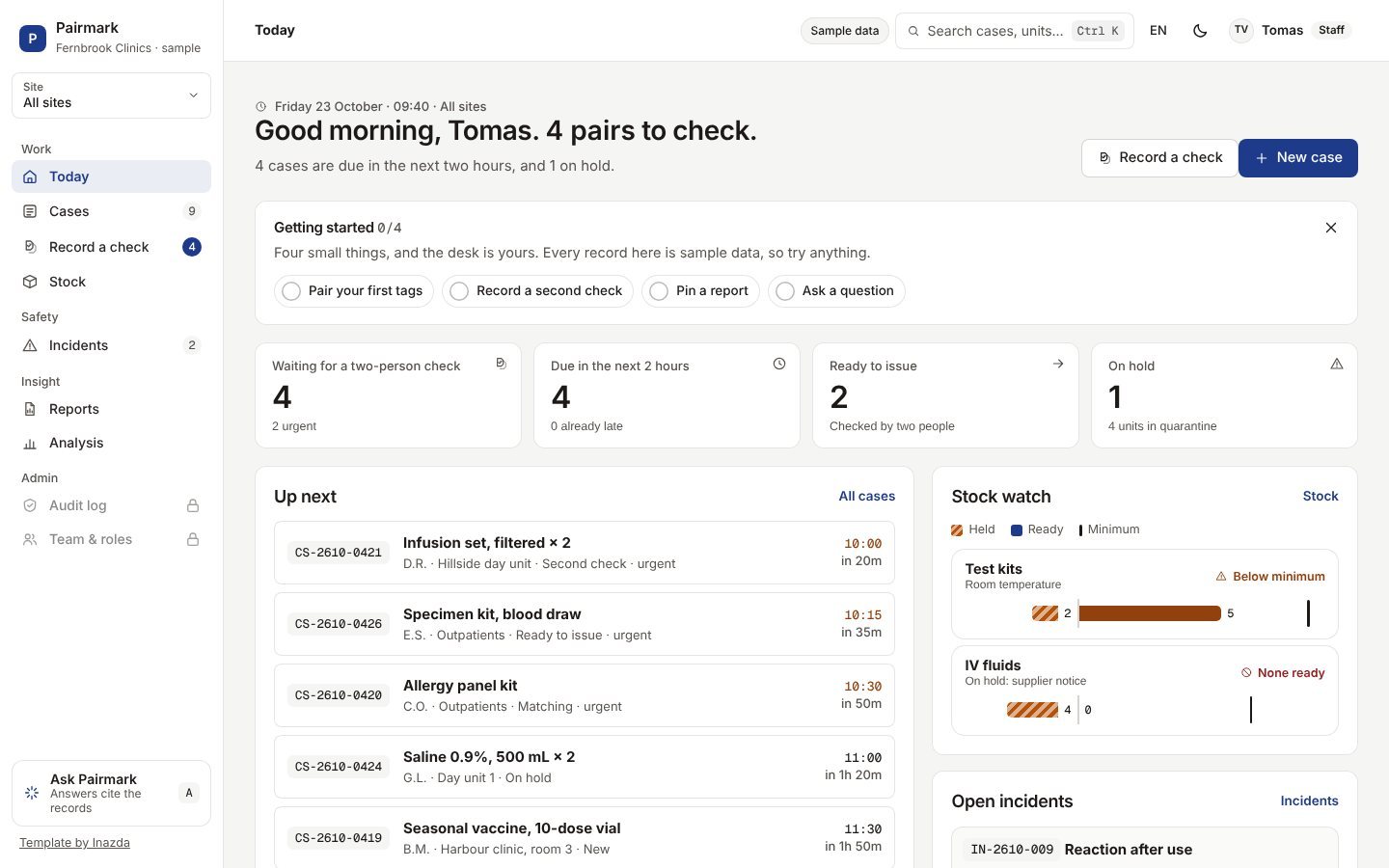 Pairmark today view: cases due in the next two hours, waiting for a second check, and stock to watch.