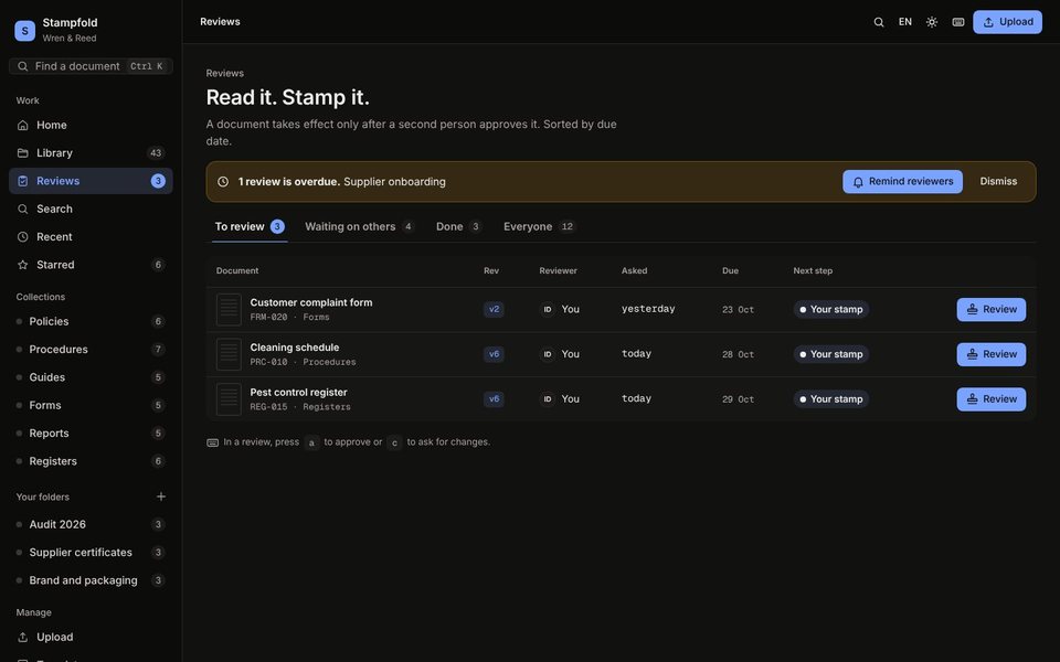 Stampfold reviews in the dark theme: documents waiting for a second approval.