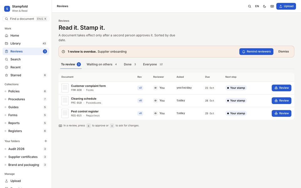 Stampfold reviews: documents waiting for a second approval, sorted by due date.