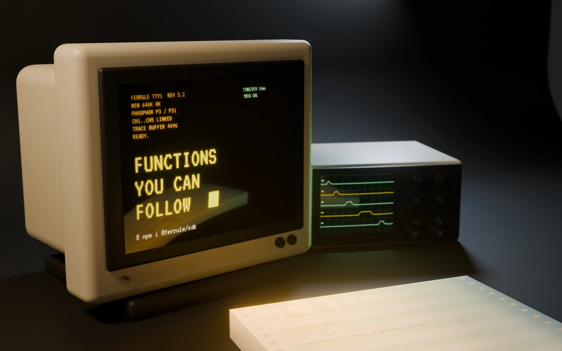 The Ferrule lab bench at night: a putty-coloured amber terminal reading FUNCTIONS YOU CAN FOLLOW, a two-channel oscilloscope with five traces, and a stack of green-bar listing paper.