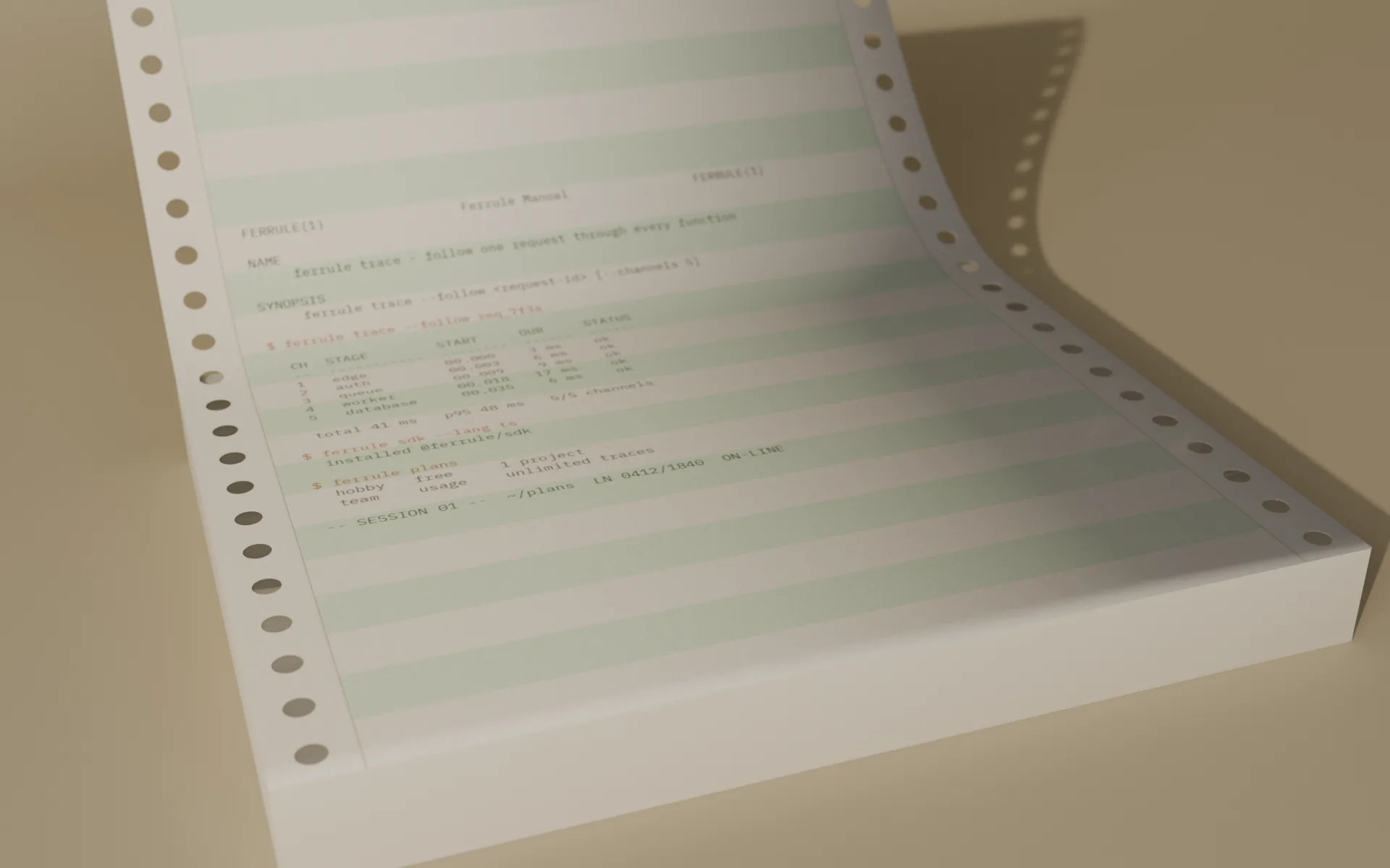 A green-bar fanfold listing rising out of the line printer, the session printed on it.