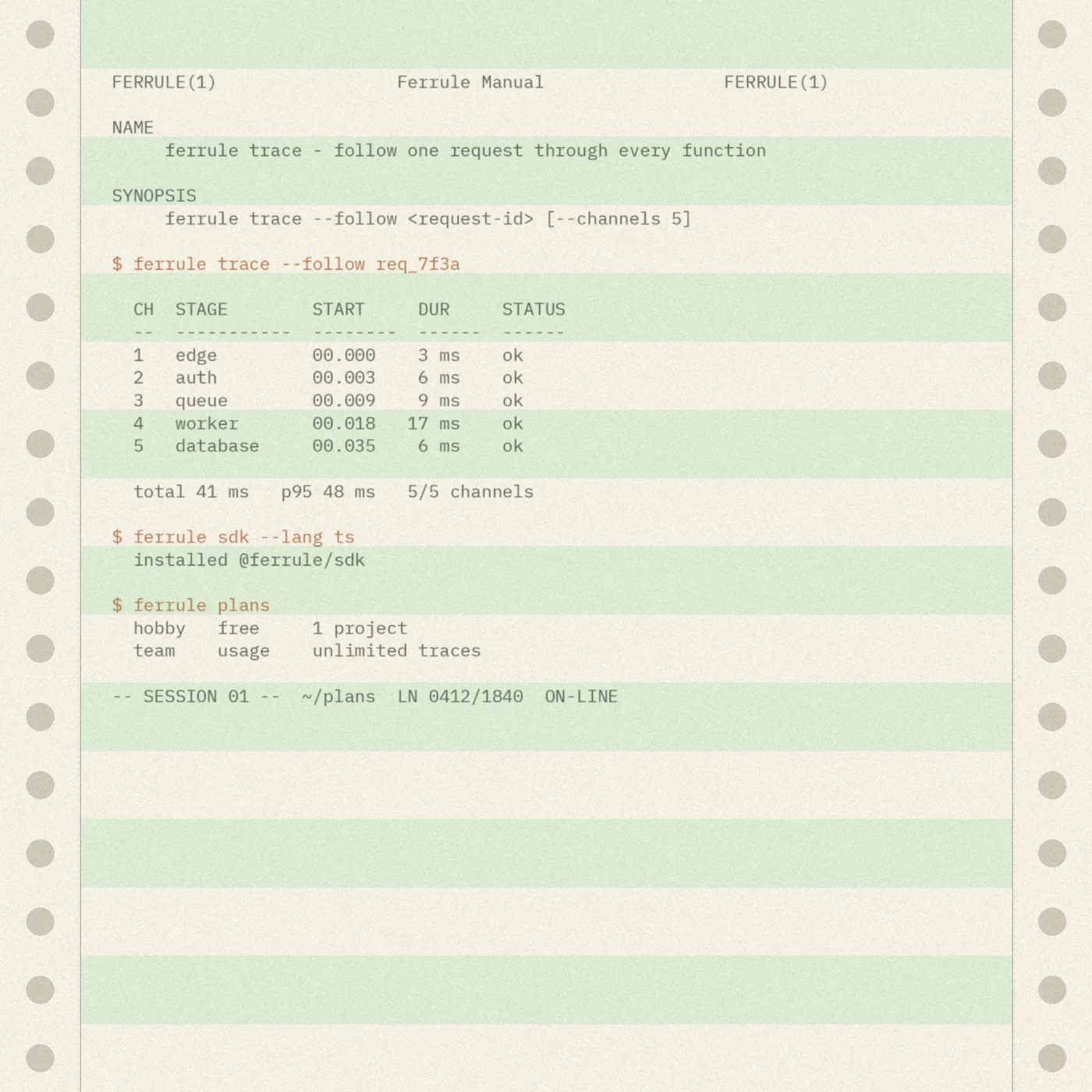 The trace printed on green-bar paper: five stages with start, duration and status.