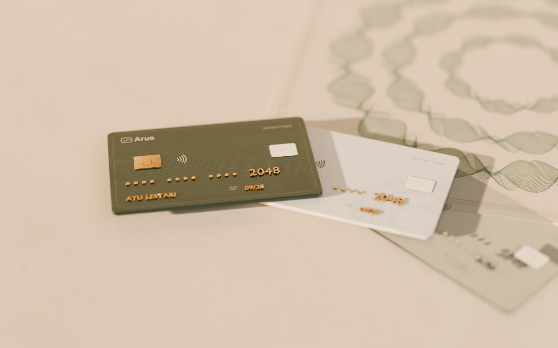 Three Arus cards, ink green, pearl and frosted clear, fanned on cream security paper with a guilloche rosette, in warm raking light.