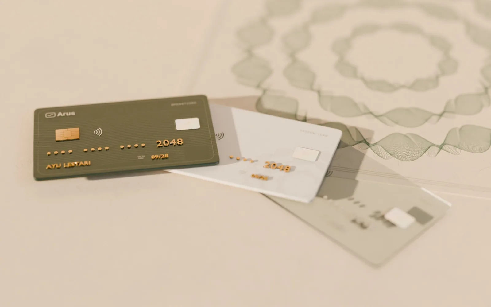 The three cards fanned out on security paper: ink on top, pearl and clear beneath.