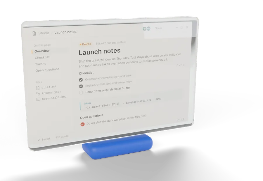 A glass app window showing a week of notes, standing on a blue foot.
