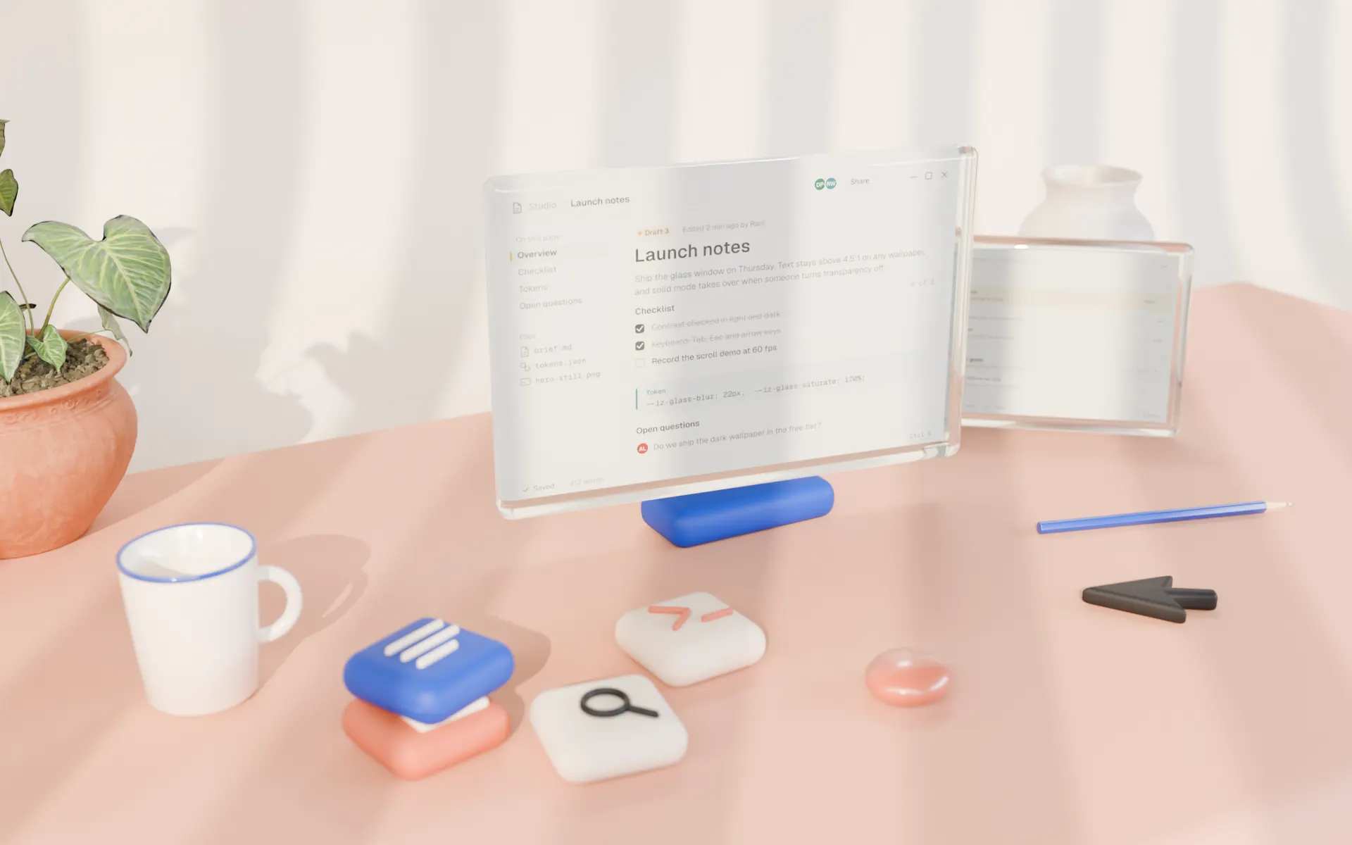A glass app window on a stand on a blush desk, with a mug, a plant and soft tiles, path-traced.